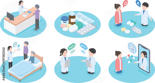 いろいろな仕事をしている薬剤師のイラストセット