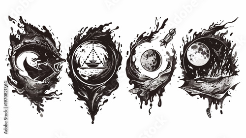 Four black and white illustrations in a circular style, with a beast, boat, rocket, and celestial bodies