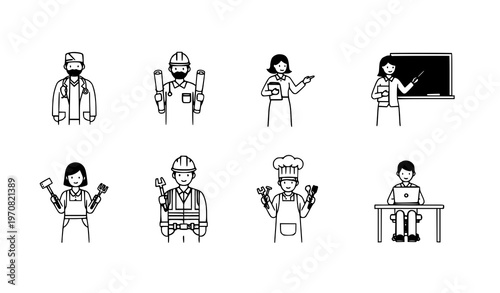Professions linear icons set occupations workers vector illustration