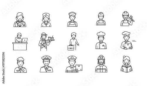 Worker occupation outline icons set vector illustration