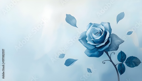 Misty Blue Rose on Soft Gradient Background, Calm Meditative Floral with Copy Space