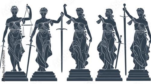 Silhouettes of five blindfolded female figures with various stances, holding items