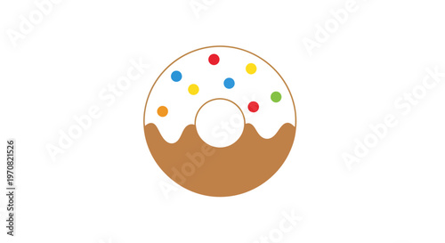 Minimalist flat vector icon of a delicious donut with vibrant colorful sprinkles and rich chocolate glaze on a clean white background, perfect for sweet treat designs