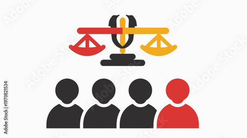 A color-blocked illustration with scales of justice atop silhouetted figures symbolizing a law concept