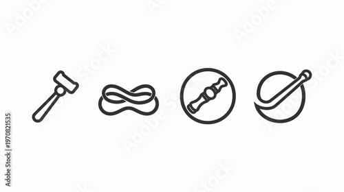 Four black and white line art icons depicting a gavel, infinity, corkscrew and golf swing