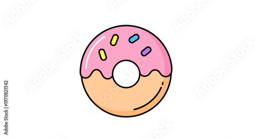 Charming flat design vector icon of a delectable donut topped with cheerful pink glaze and assorted colorful sprinkles, isolated on a clean white background