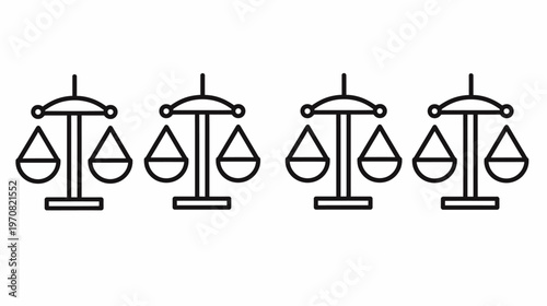 A white background with four repeated black line drawings of balancing scales
