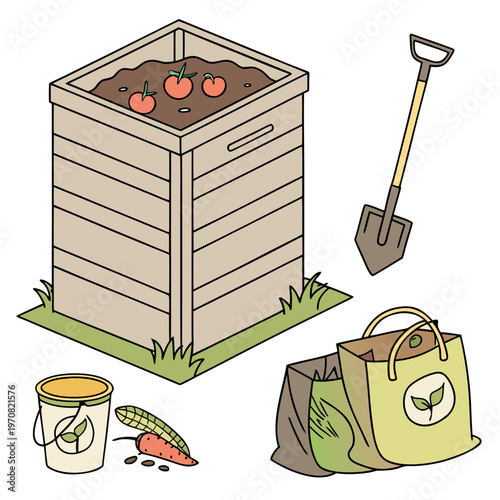 A colorful illustration of a compost bin with gardening tools and supplies
