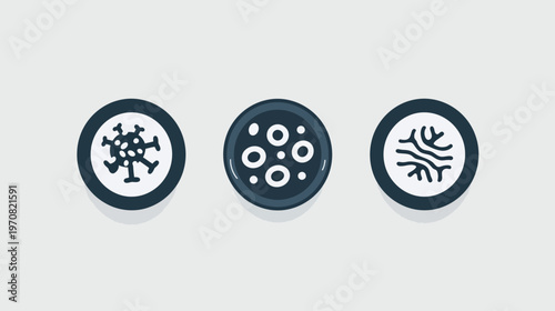 Three circular icons representing microbes, bacteria, and cell structures in a clean, minimalist style