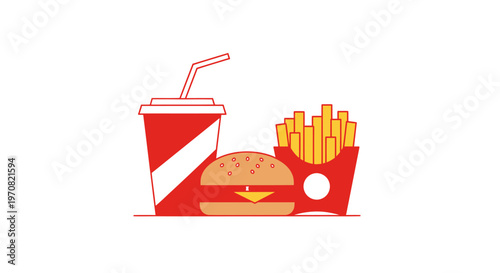 A classic American fast-food meal featuring a cheeseburger, french fries, and a soda in a stylized, minimalist vector illustration, perfect for food and beverage graphics