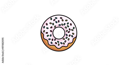 Simple flat illustration of a pink frosted donut with colorful sprinkles on a white background, clean minimal design