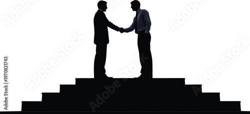 Two businessmen shaking hands on stairs symbolizing partnership success agreement and trust 