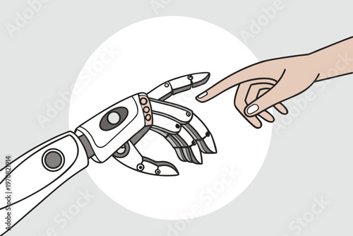 A robotic hand and a human hand touching fingers in a circle