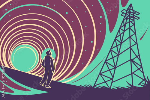 A futuristic illustration of a man standing in front of a vibrant tunnel and transmission tower