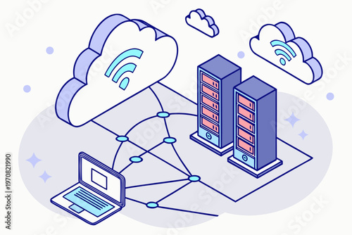 A vector graphic illustrating a laptop connected to servers and cloud storage