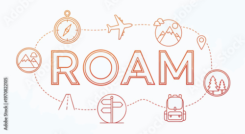 Travel icons, ROAM logo, adventure symbols, vector graphics, exploration signs