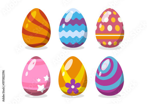 Set of six colorful decorated Easter eggs with stripes, dots, flowers, and pastel patterns, cute spring holiday vector collection isolated on light background