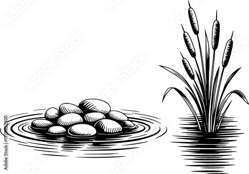 Black and white woodcut of cattails and smooth stones in rippling water reeds bulrush