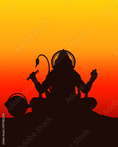 Seated Lord Hanuman silhouette with gada on rocky hill against glowing orange sunset, powerful Hanuman Jayanti devotional Hindu vector background with warm spiritual gradient