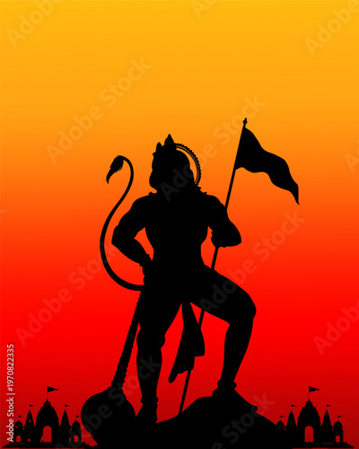 Standing Lord Hanuman silhouette holding flag on rocky peak with temple skyline and blazing sunset, bold Hanuman Jayanti spiritual Hindu festival vector background