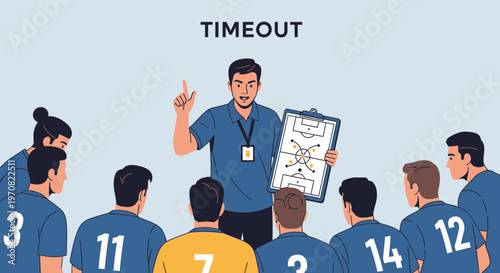 Soccer Coach Explains Game Strategy To Players During a Timeout Illustration