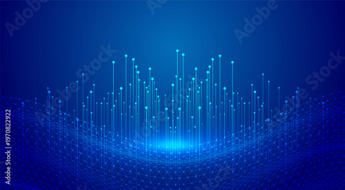 Abstract digital network visualization with interconnected glowing blue lines and nodes forming a futuristic wave pattern against a dark blue gradient background representing data flow and
