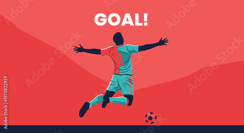 Soccer Player Celebrates Successful Goal Scoring Against a Red Background with Enthusiasm