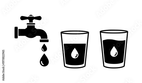 Water Drip Faucet and Glass Silhouette Icons – Hydration and Water Saving Vector Set
