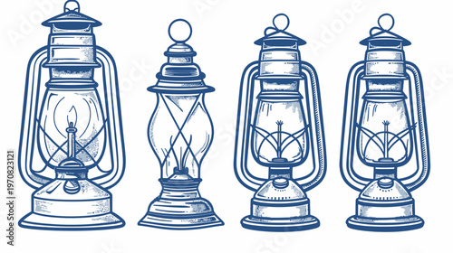 Four different styles of lanterns, illustrated in a blue and white vintage, retro, sketch style