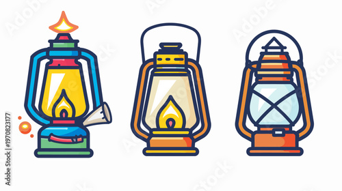 Three colorful illustrated kerosene lanterns with vibrant flames on a white background