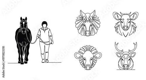 Line art illustration featuring a farmer with animals in a row