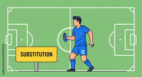 Soccer Player Walking Off Field After Substitution With Bottle Vector Illustration