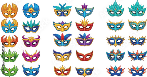 Set of Colorful Carnival Masks with Ornate Designs, Featuring Vibrant Colors and Detailed Patterns for Festivities