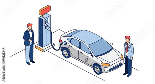 Two men standing by electric car.