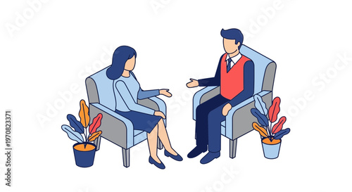 Two people sitting in armchairs talking.
