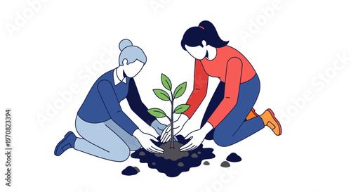 Two Women Planting a Small Tree.