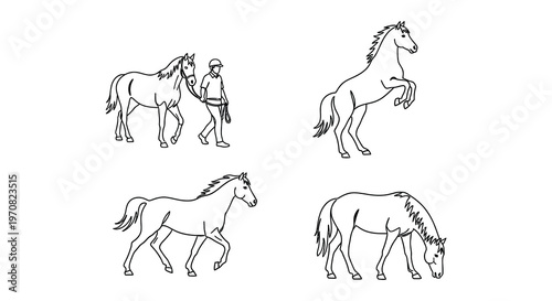 Line art illustration featuring a farmer with animals in a row