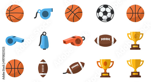 Sports icons set with balls trophies whistles