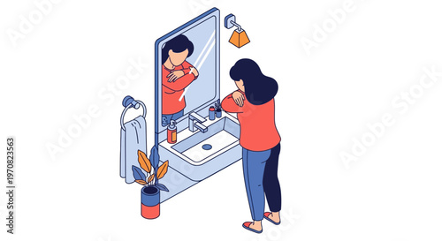 Woman Looking in Bathroom Mirror.