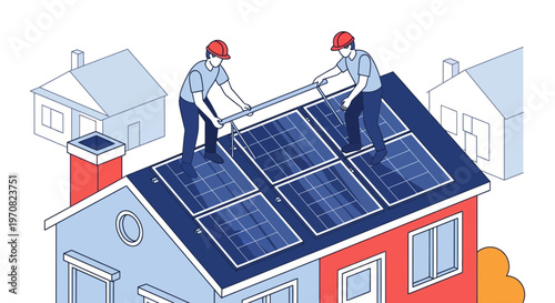 Workers installing solar panels on roof.