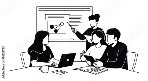 Students diligently studying and working on laptops in a sketched illustration