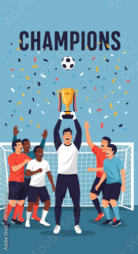 Soccer Team Celebrates Victory, Raising Trophy Amidst Festive Confetti Shower with Joyful Elation