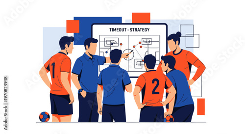 Soccer Team Huddles Around Strategy Board During Timeout Planning Tactics And Plays