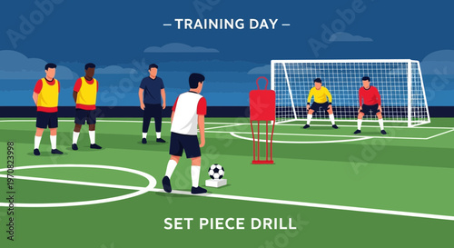 Soccer Training Session Depicting a Set Piece Drill With Players and Simulated Obstacles