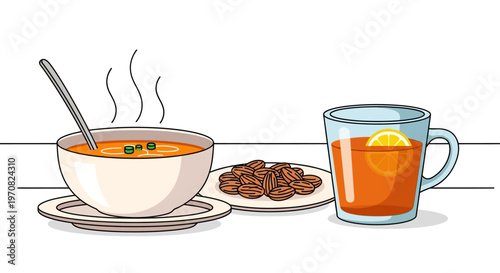 cartoon illustration of soup, tea, water and snacks on table
