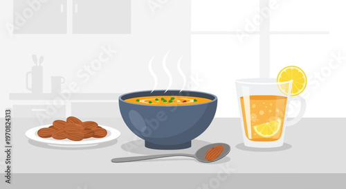 colorful illustration of soup, plate of food, and tea with lemon on kitchen counter