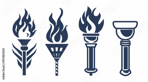 Four stylized torch icons with varying designs, featuring flames and distinct handle shapes