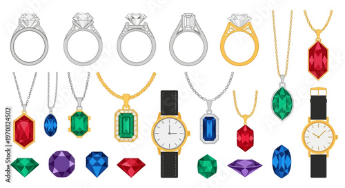 Jewelry and watch collection with rings necklaces gems and timepieces in gold silver and colorful precious stones on white background