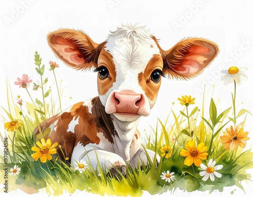 Watercolor calf in grassy floral scene, soft tones, charming cartoon style, isolated on clean white background