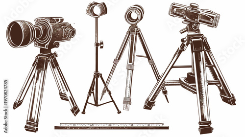 Vintage-style illustration featuring various surveying equipment and cameras on tripods